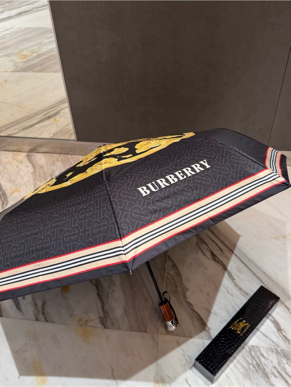 Burberry Black and Gold Logo Folding Umbrella